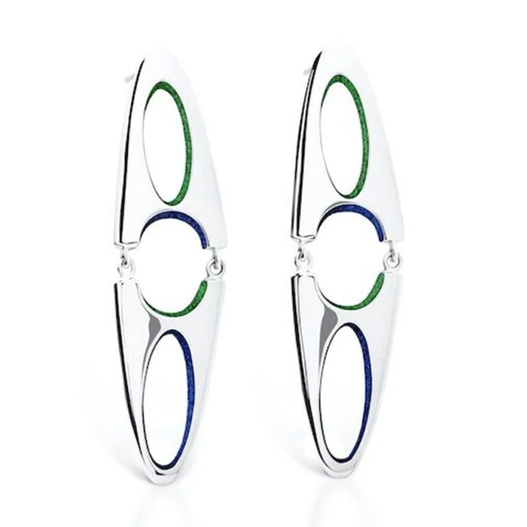 Stylish silver earrings featuring colorful oval details, perfect for contemporary fashion accessories.