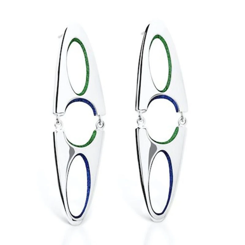 Stylish silver earrings featuring colorful oval details, perfect for contemporary fashion accessories.