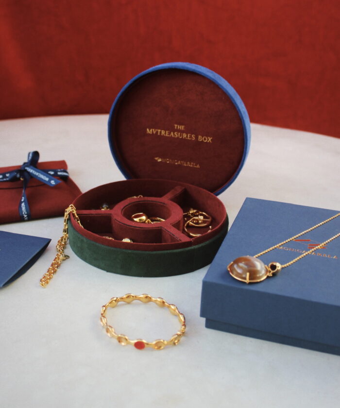 Beautiful jewelry collection featuring gold necklaces, bracelets, and earrings by Monica Varela in a gift box. Stylish and eco-friendly.