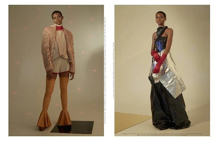 Girl wearing fashionable layered outfit with bold textures and colors, standing confidently.