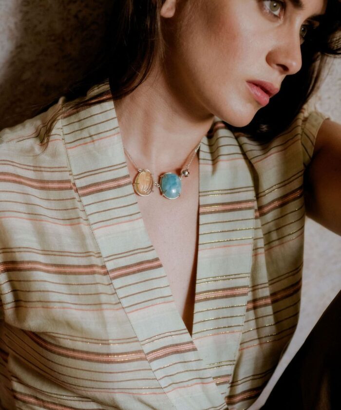 Amber and Larimar gemstone pendant necklace for women, handcrafted jewelry, unique summer accessory.