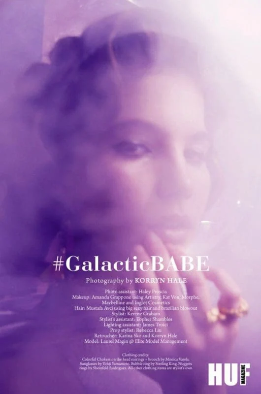 Elegant portrait of Monica Varela with dreamy purple hues, emphasizing beauty and sophistication.