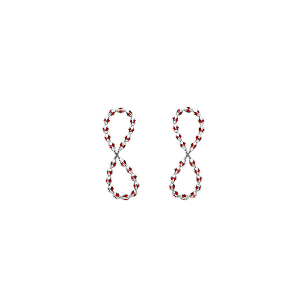 Sterling silver earrings featuring infinity design with red gemstone details, perfect for elegant style.