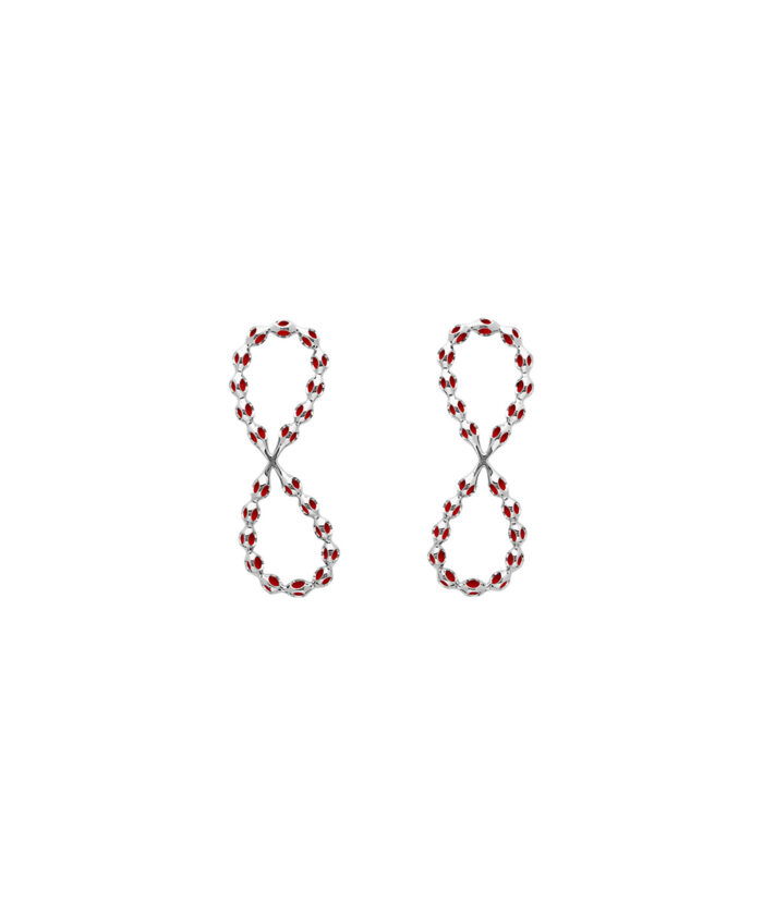 Sterling silver earrings featuring infinity design with red gemstone details, perfect for elegant style.