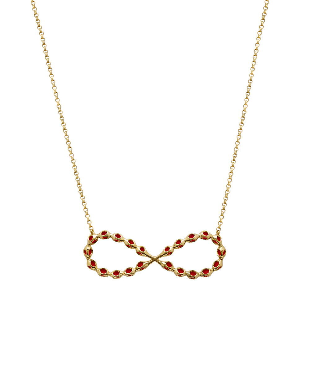 Vibrant infinity necklace in sterling silver with 18k gold micron plating and blazing burgundy accents.