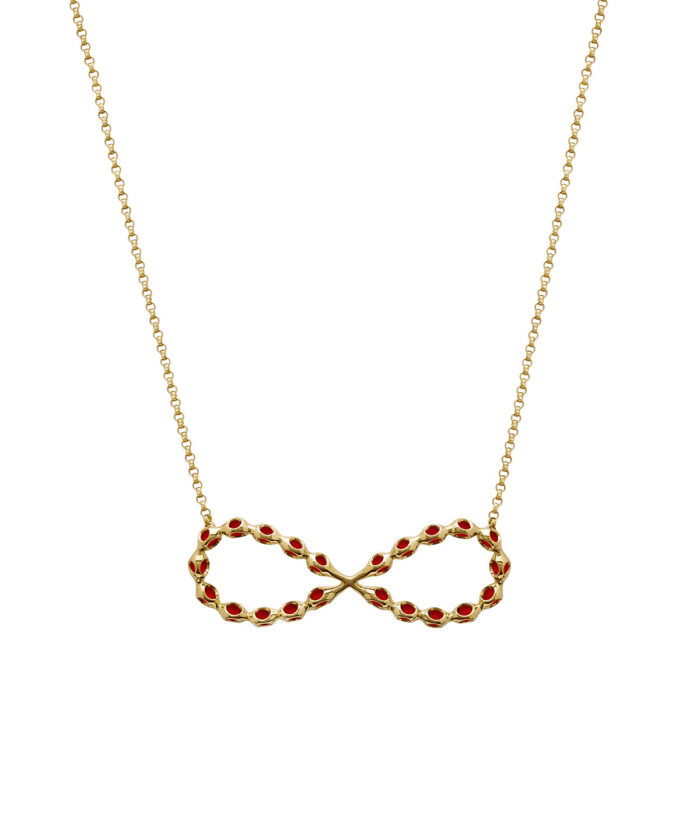 Vibrant infinity necklace in sterling silver with 18k gold micron plating and blazing burgundy accents.