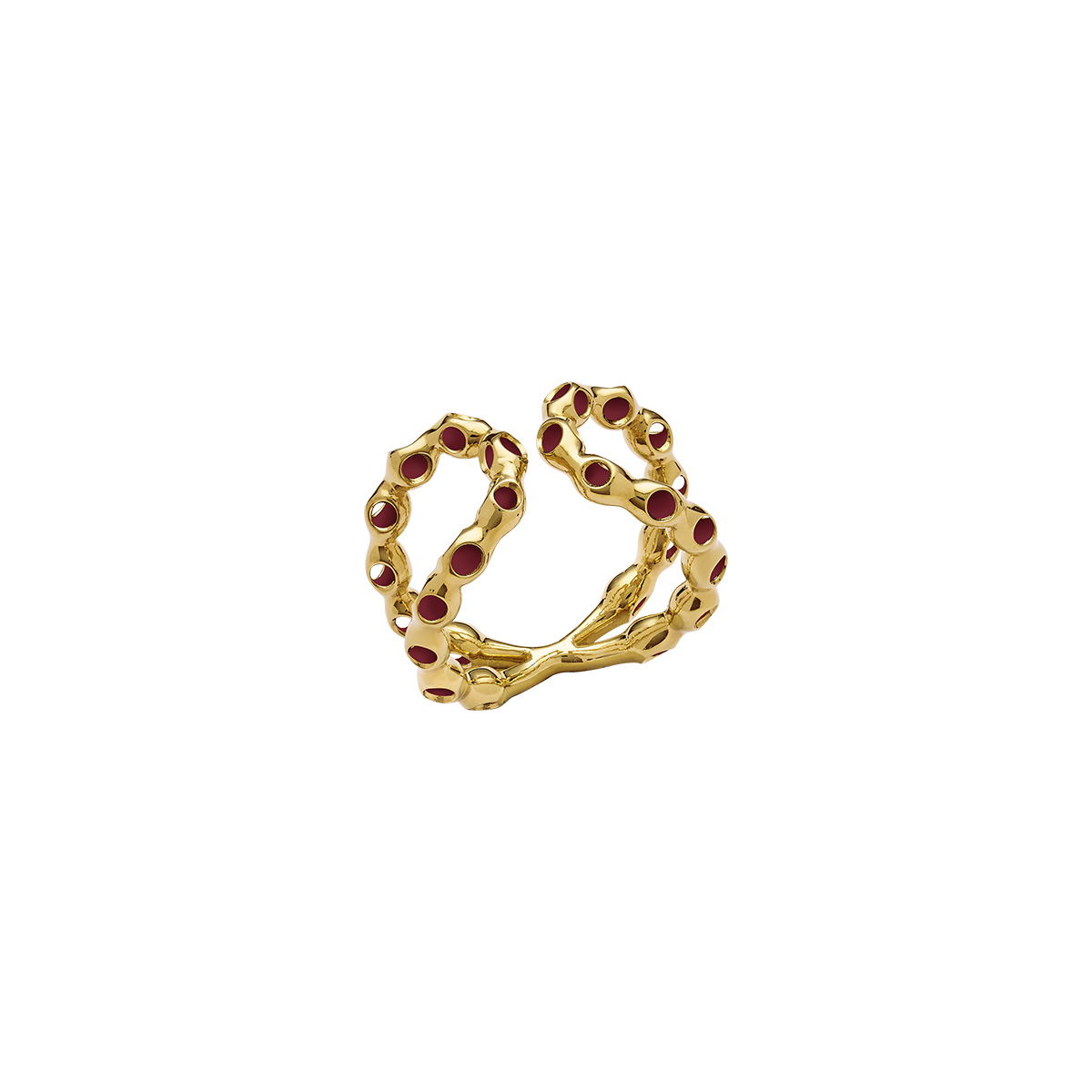 Elegant gold ring with red accents, inspired by Infinito design, perfect for stylish jewelry enthusiasts. Stunning gold infinity ring with red gemstone accents, ideal for modern jewelry lovers and collectors.