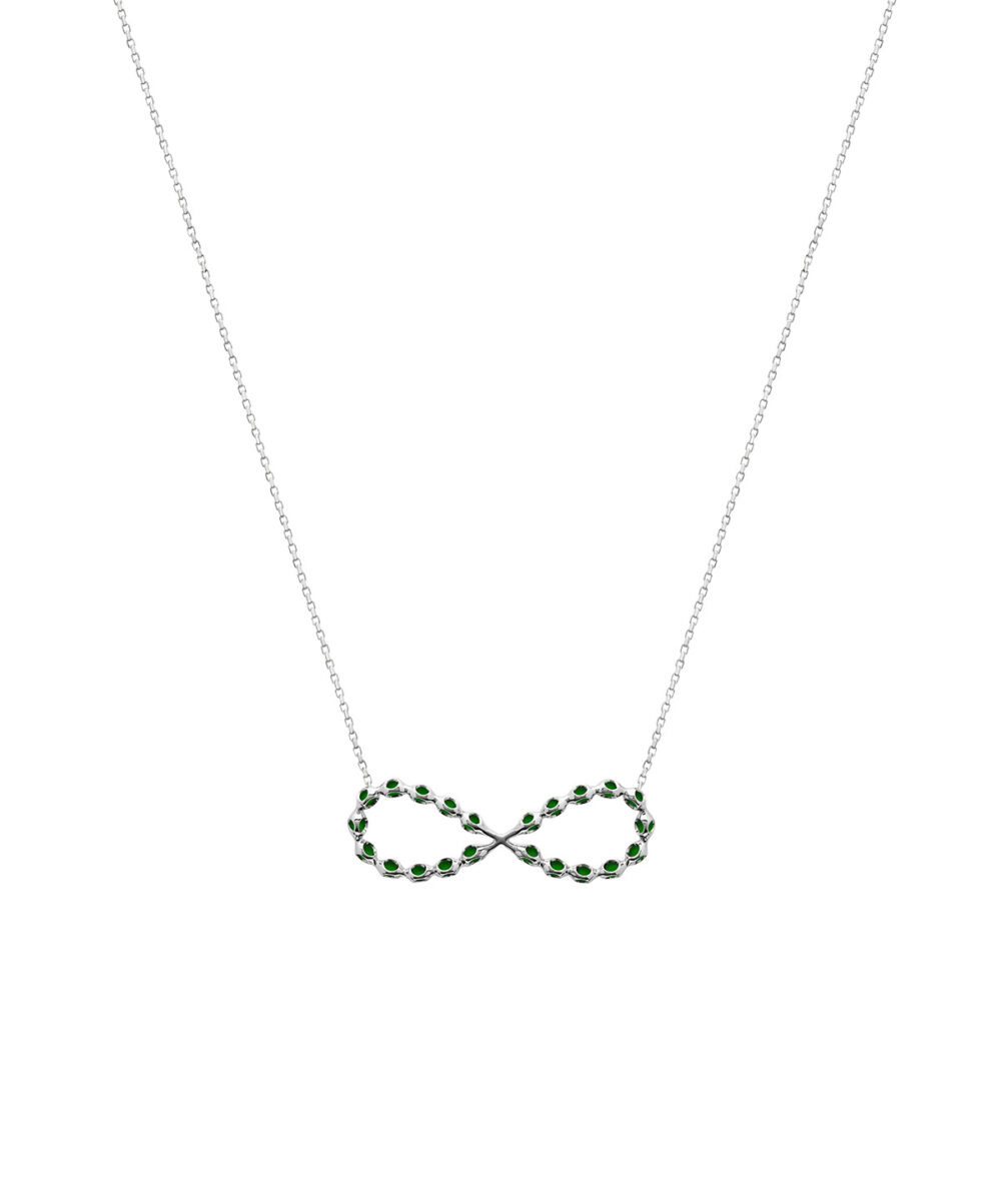 Elegant infinity pendant necklace with green gemstones, perfect for stylish jewelry lovers.