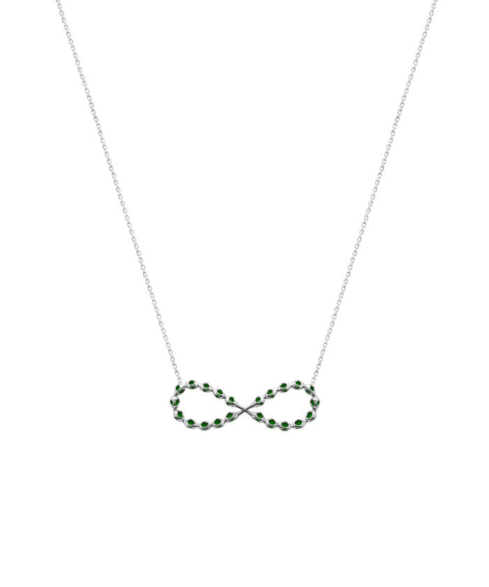 Elegant infinity pendant necklace with green gemstones, perfect for stylish jewelry lovers.