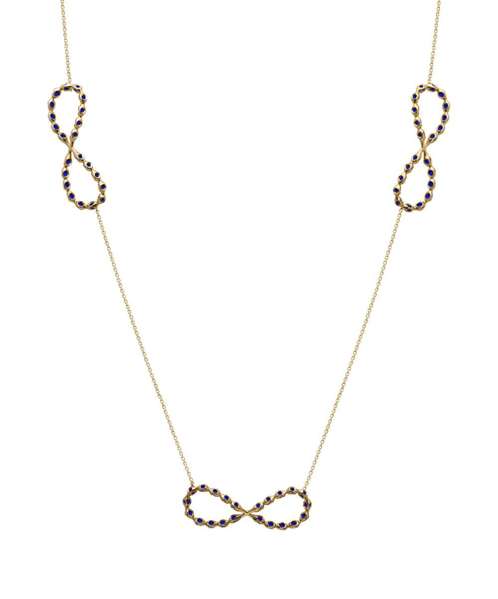 Elegant infinity necklace featuring blue gemstone-encrusted loops, perfect for stylish accessories.
