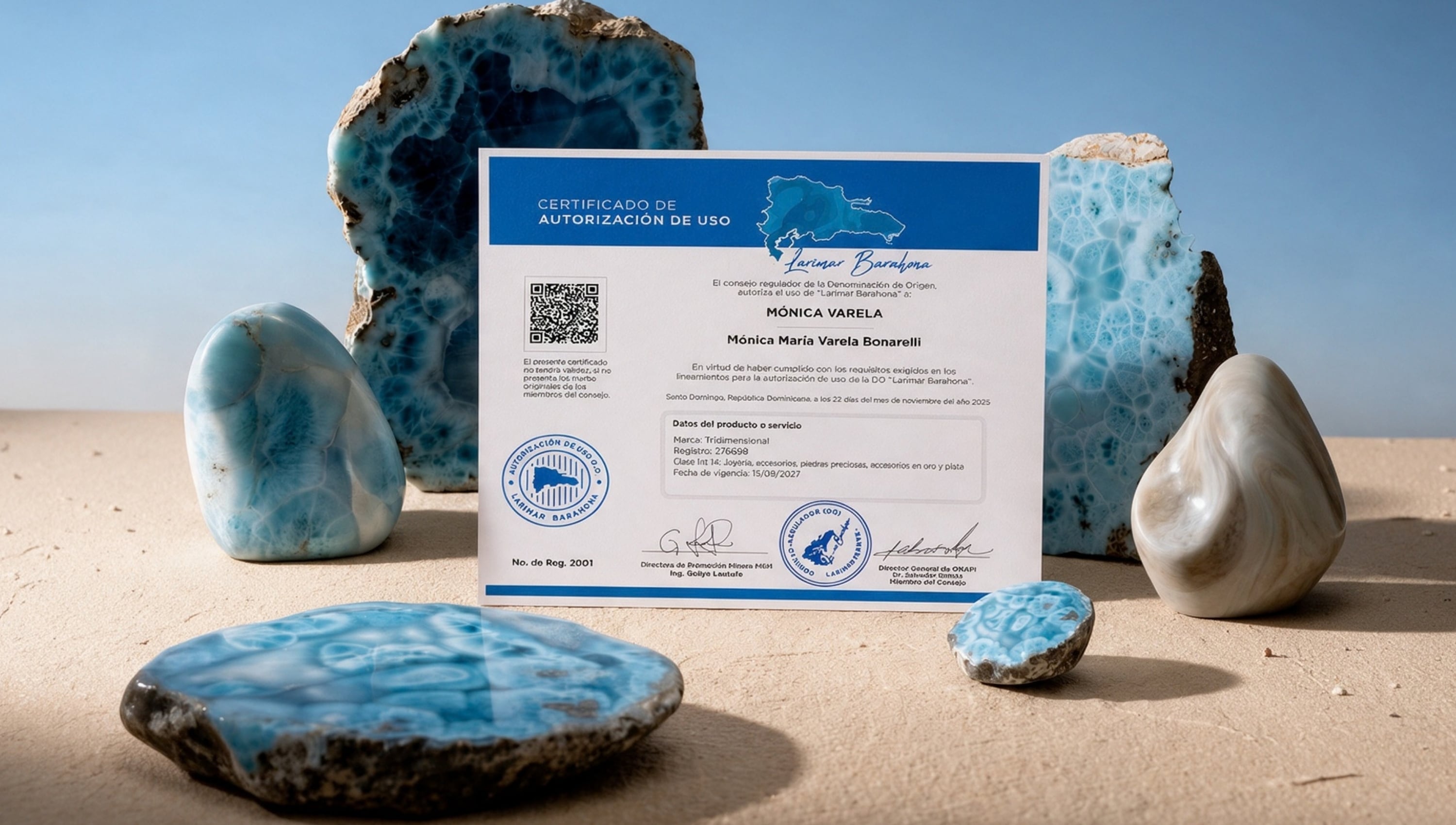 Larimar Barahona certificate of origin issued to Monica Varela, surrounded by Larimar stones