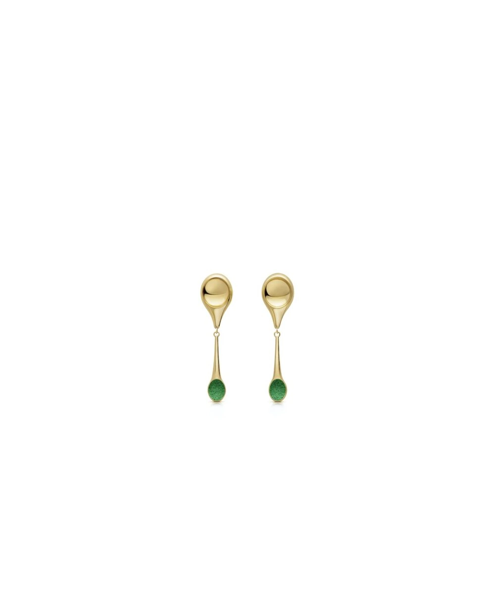 Gold stem earrings with sleek drop design and green gemstone tips, perfect for stylish statement jewelry.