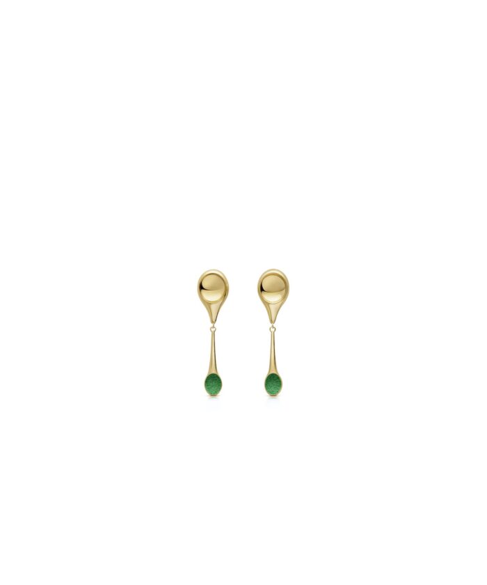 Gold stem earrings with sleek drop design and green gemstone tips, perfect for stylish statement jewelry.