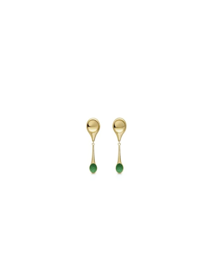 Gold stem earrings with sleek drop design and green gemstone tips, perfect for stylish statement jewelry.
