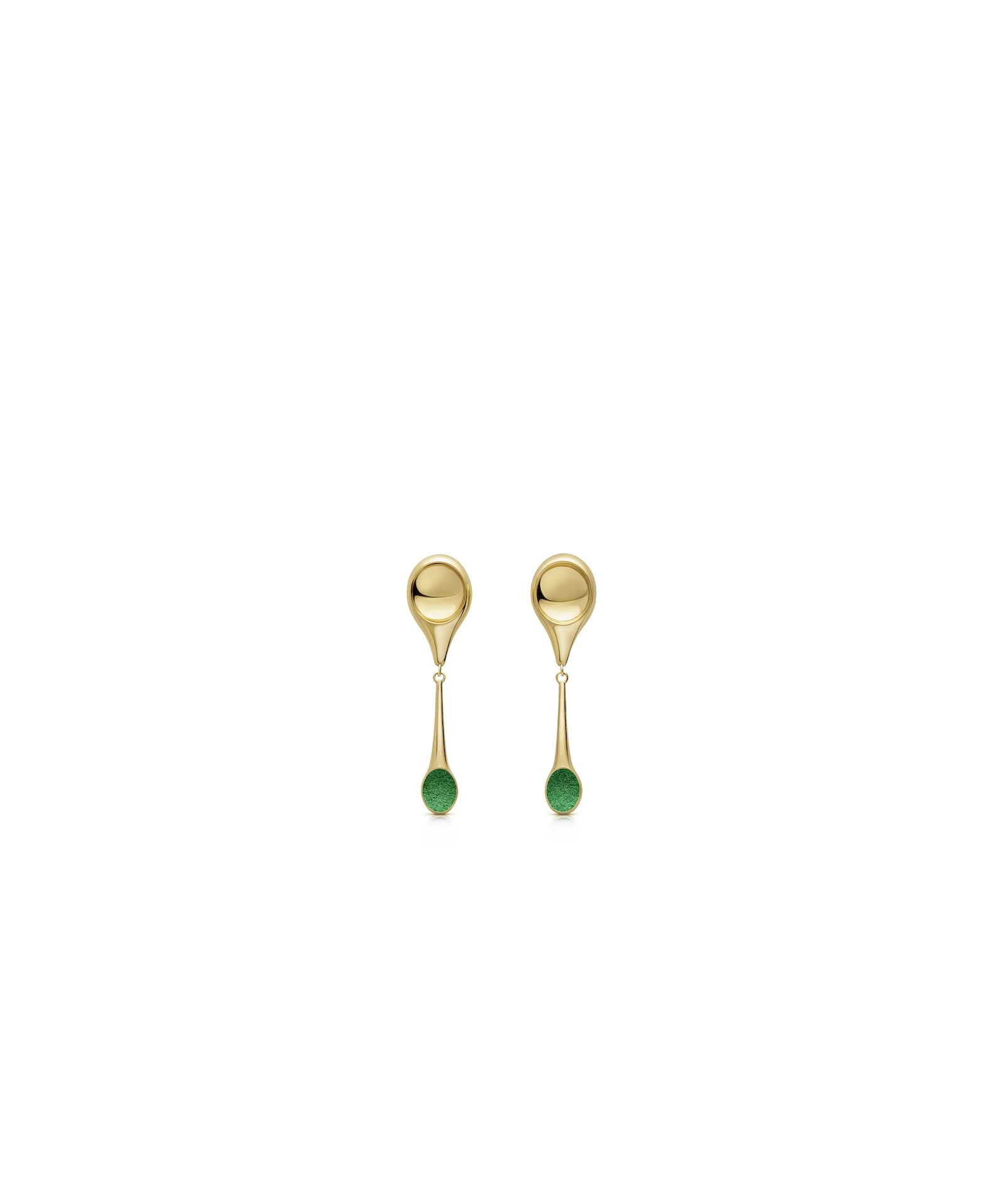 Elegant Gold Drop Earrings with Green Accents Gold stem earrings with sleek drop design and green gemstone tips, perfect for stylish statement jewelry.