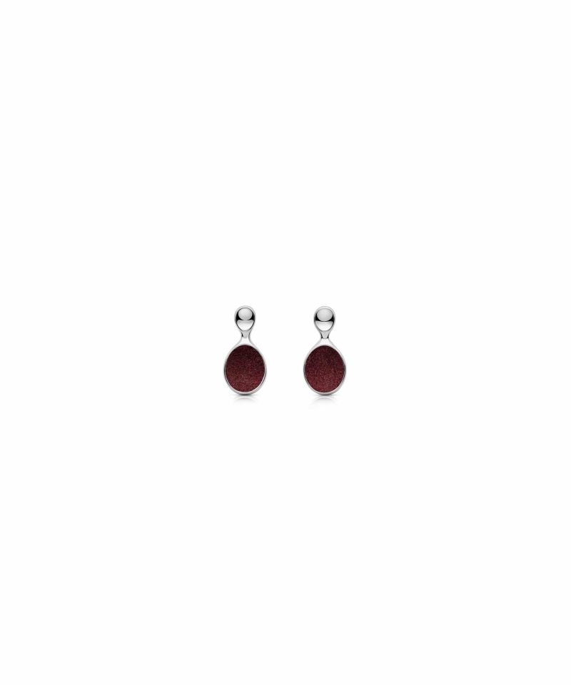 Bud Stud Earrings in 925 sterling silver with platinum plating and burgundy microfiber
