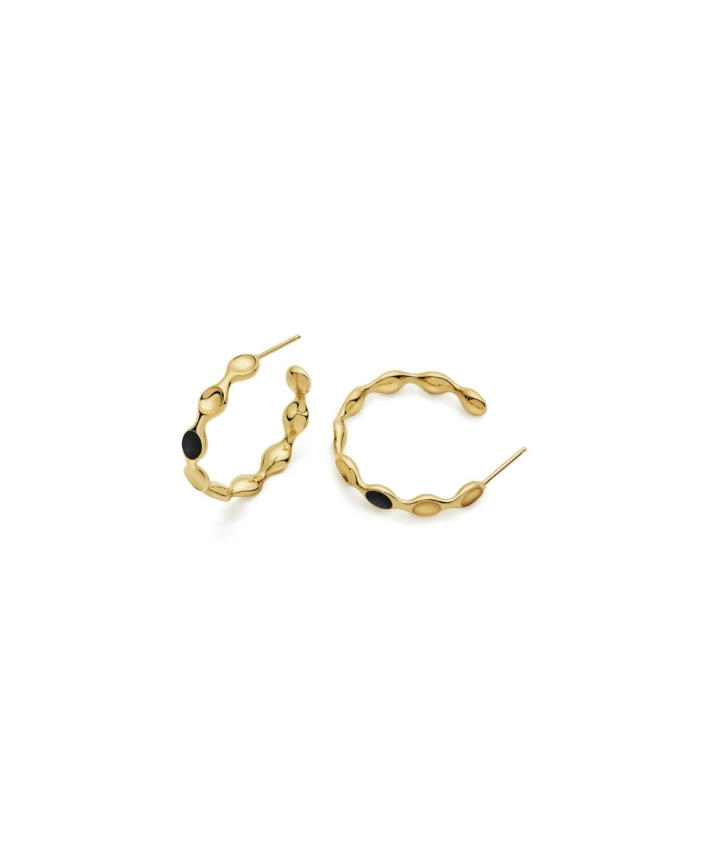 Gold textured hoop earrings with black accents for stylish accessories. Perfect for casual and elegant looks.