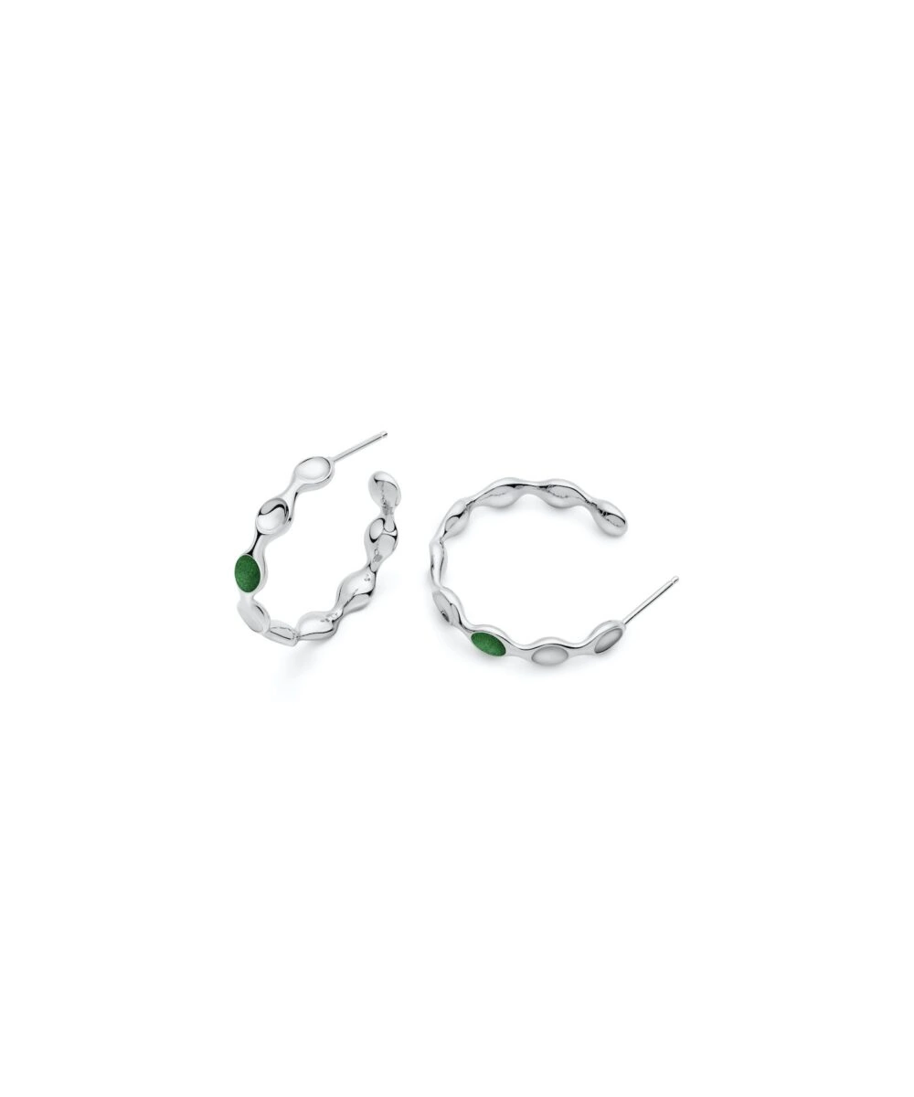 Elegant silver hoops with green accents, perfect for casual or formal wear.
