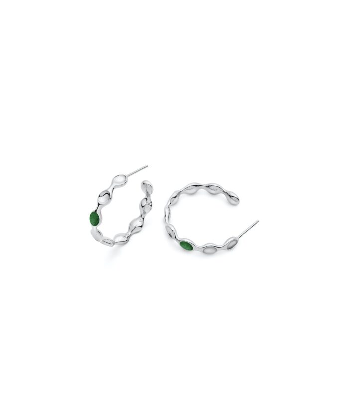 Elegant silver hoops with green accents, perfect for casual or formal wear.