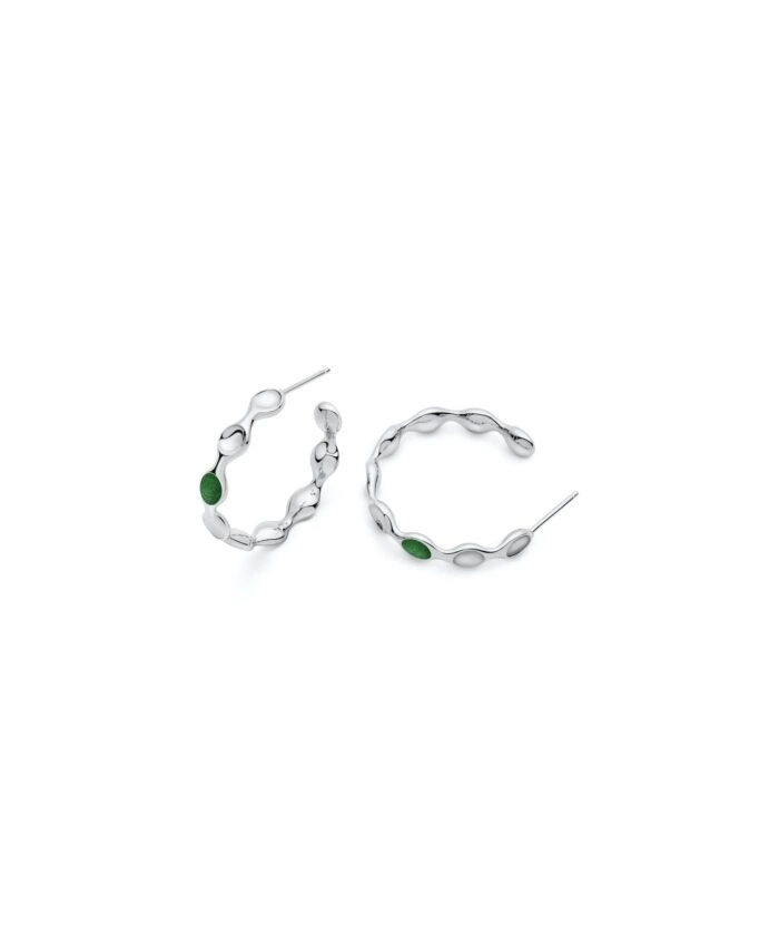 Elegant silver hoops with green accents, perfect for casual or formal wear.