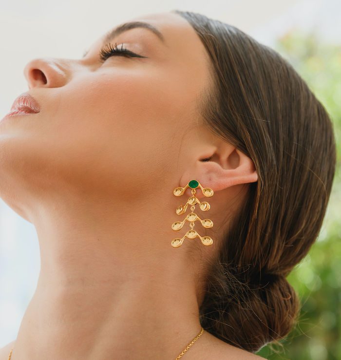 Elegant gold and green statement earrings for women, perfect for fashion-forward accessories.
