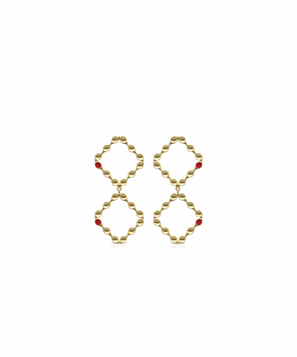Gold mini mirror hoop earrings with red accents, stylish jewelry for women.