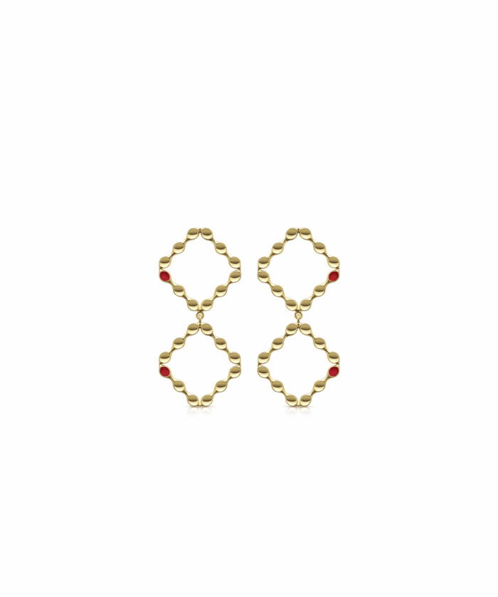Gold mini mirror hoop earrings with red accents, stylish jewelry for women.