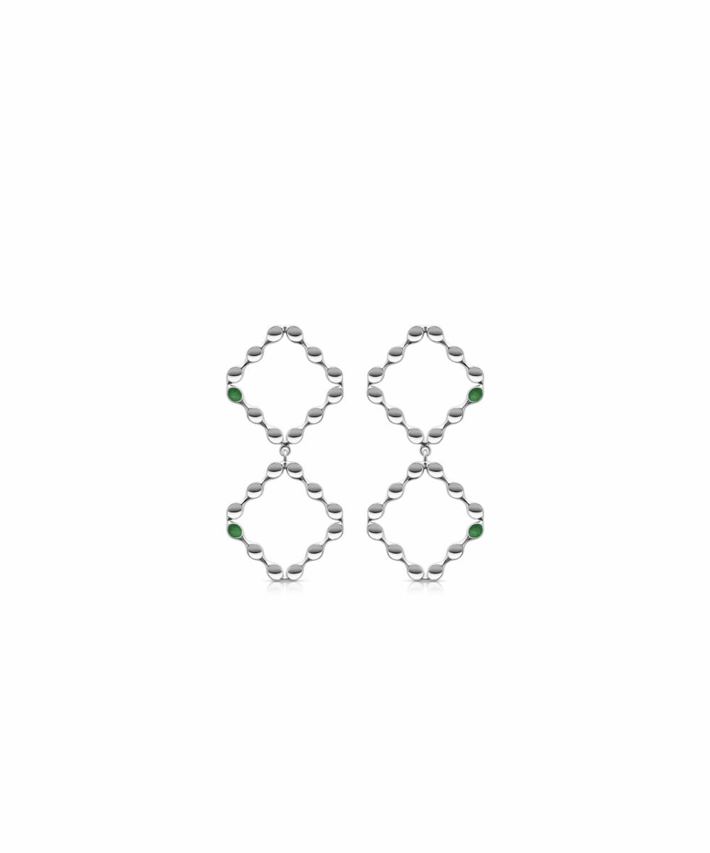 Elegant silver mirror earrings with green accents, perfect for stylish outfits.