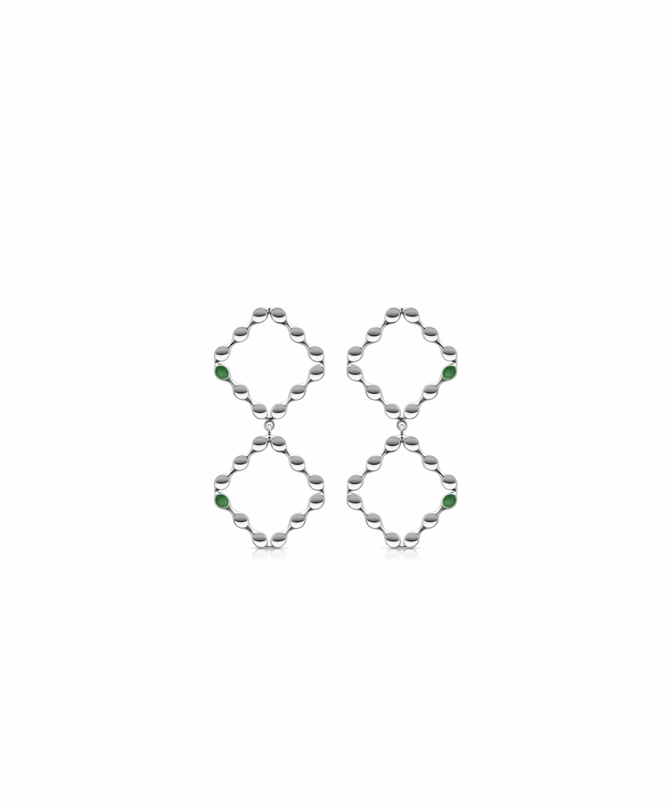 Mini Mirror Earrings Elegant silver mirror earrings with green accents, perfect for stylish outfits.