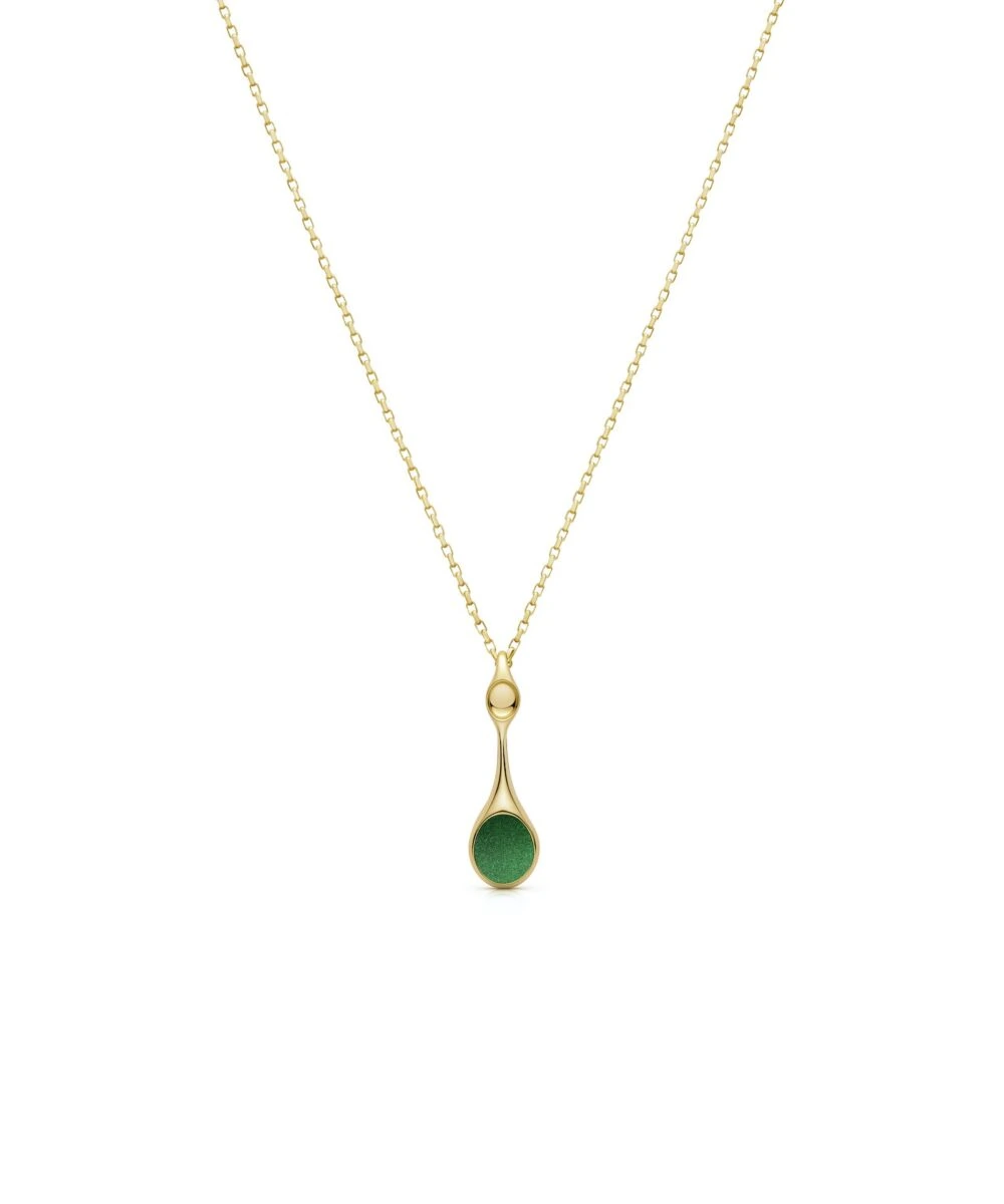 Elegant gold pendant necklace with green gemstone and delicate chain. Perfect for stylish accessories.