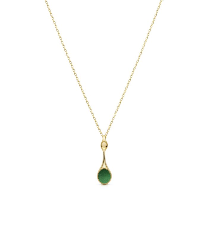 Elegant gold pendant necklace with green gemstone and delicate chain. Perfect for stylish accessories.