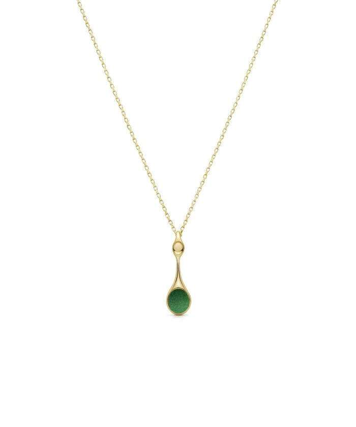 Elegant gold pendant necklace with green gemstone and delicate chain. Perfect for stylish accessories.