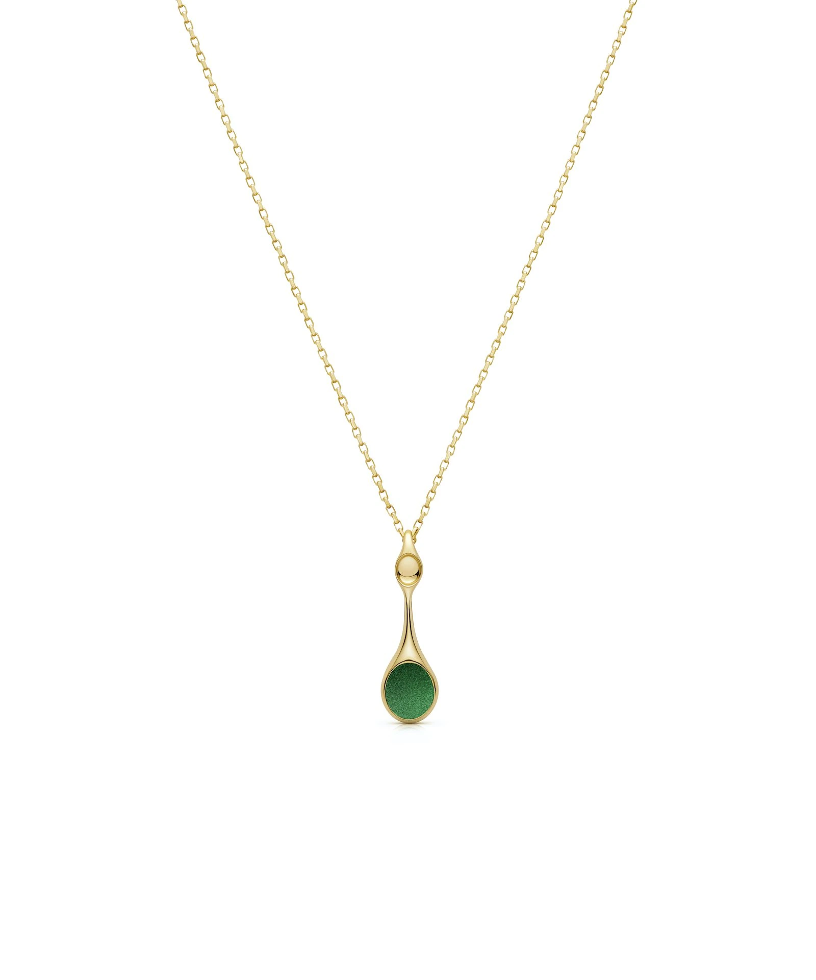 Pendant Necklace Elegant gold pendant necklace with green gemstone and delicate chain. Perfect for stylish accessories.