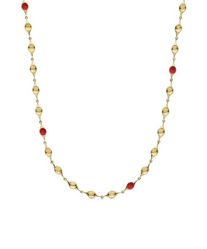 Luxury gold stem necklace featuring red enamel details, perfect for sophisticated styles.
