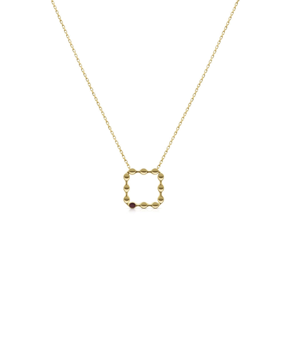 Elegant gold mini square pendant with a small red gemstone detail. Perfect for layered jewelry style.