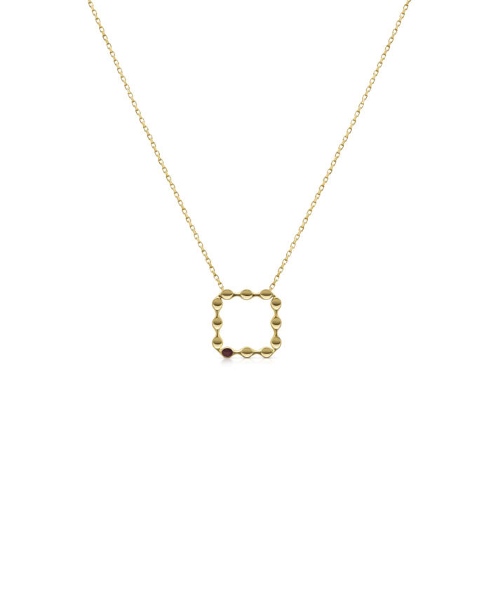 Elegant gold mini square pendant with a small red gemstone detail. Perfect for layered jewelry style.