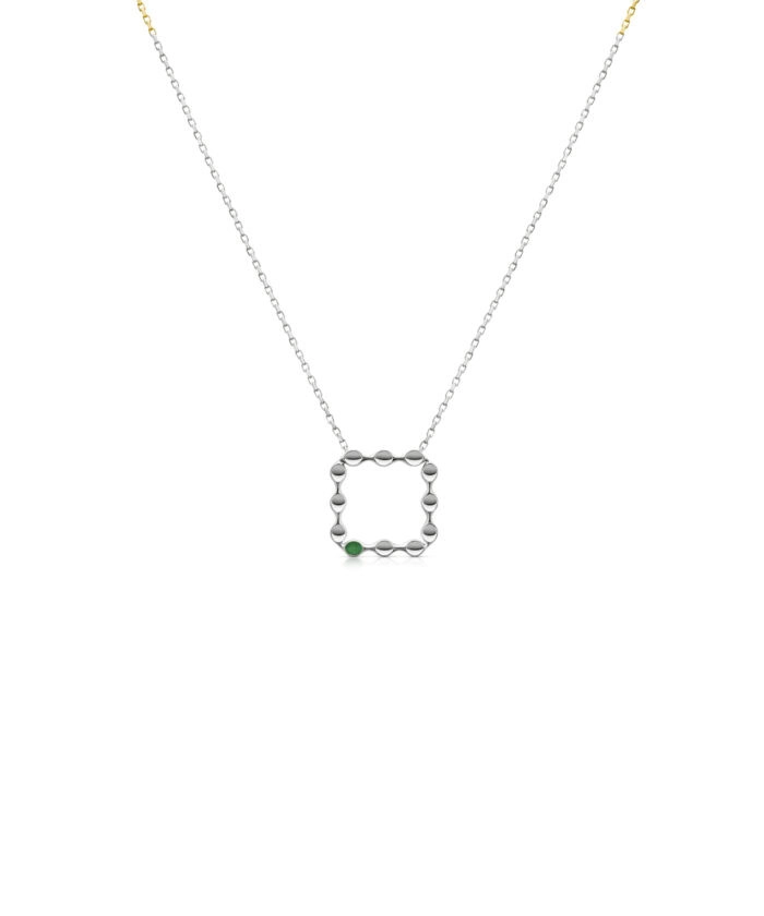 Elegant silver necklace featuring a sleek square pendant with a green gemstone accent, perfect for minimalist jewelry lovers.