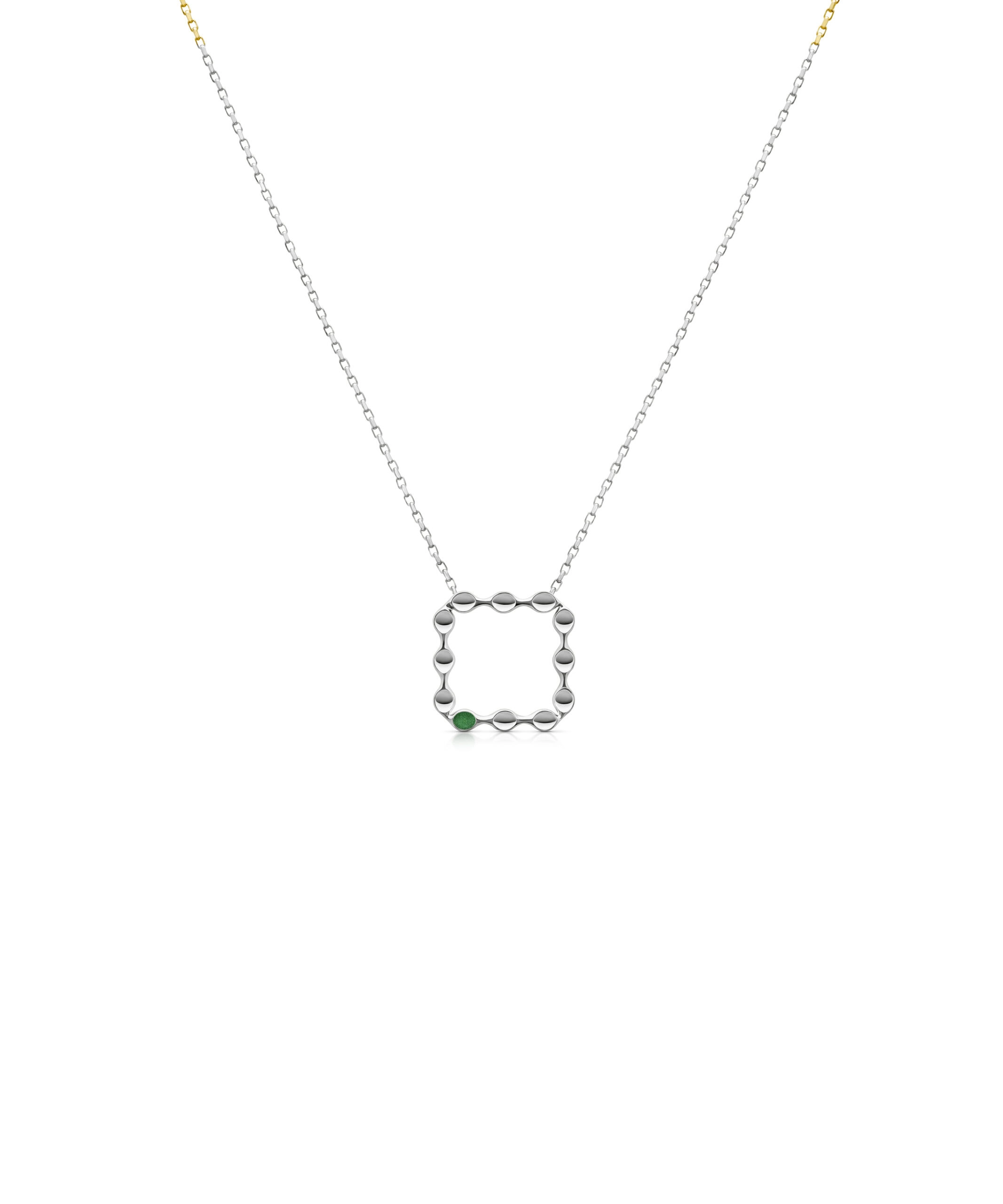 Mini Margin Pendant Necklace with Green Accent Elegant silver necklace featuring a sleek square pendant with a green gemstone accent, perfect for minimalist jewelry lovers.