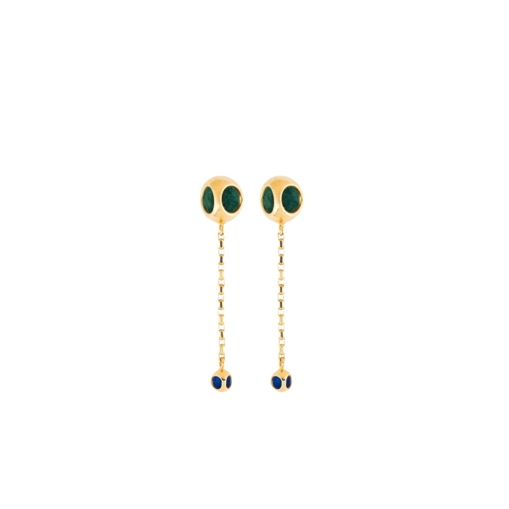 Elegant gold and green dangle earrings with a modern chain design for stylish accessories. Perfect for sophisticated looks.