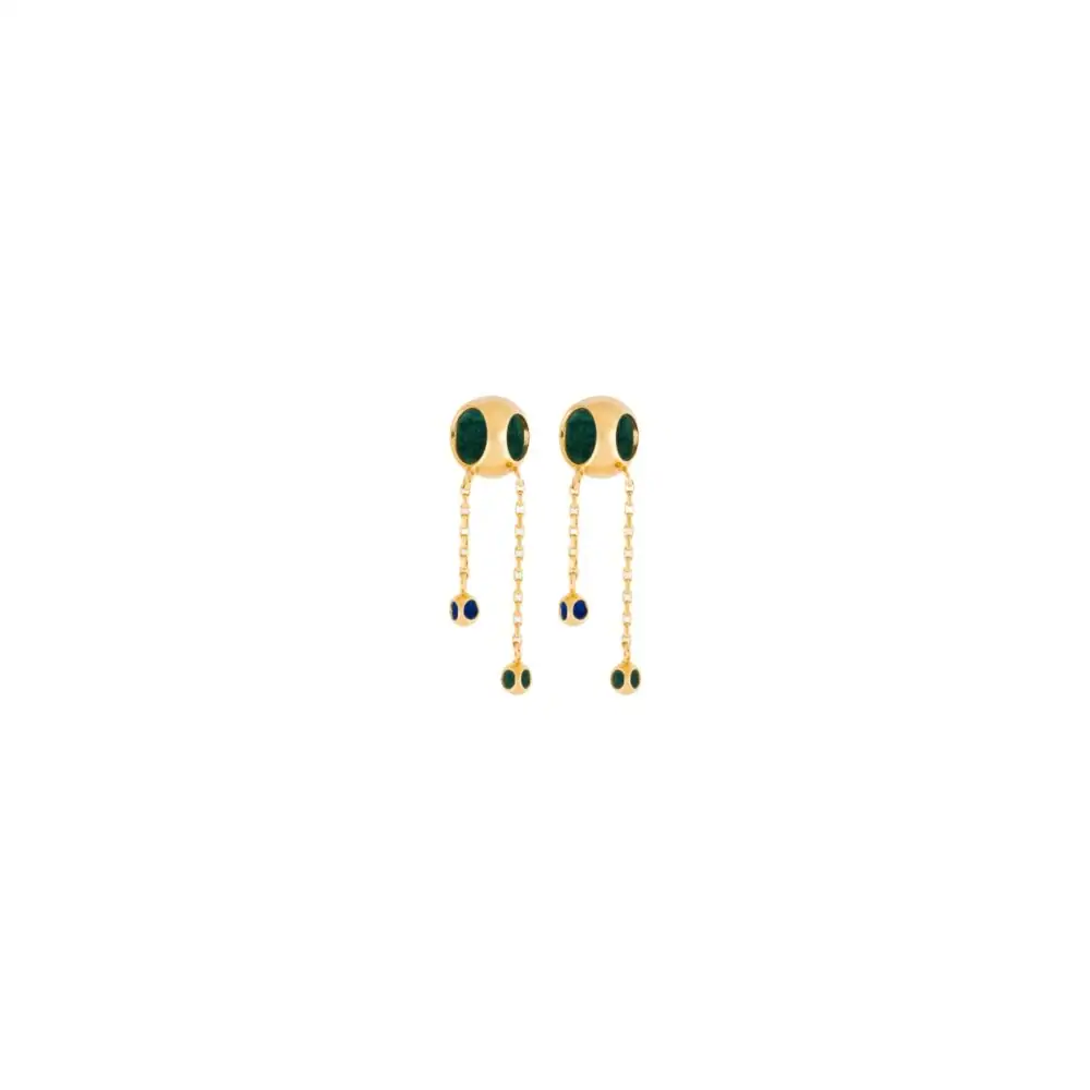 Elegant gold chain earrings with dark green and navy beads, perfect for chic accessories.