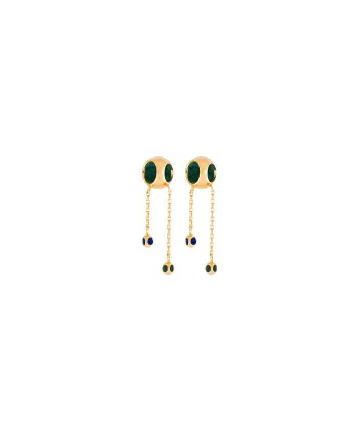 Elegant gold chain earrings with dark green and navy beads, perfect for chic accessories.