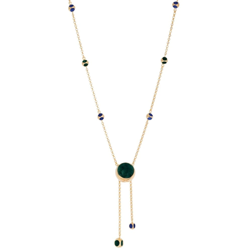 Elegant gold long necklace with green and blue beads, perfect for sophisticated styles.