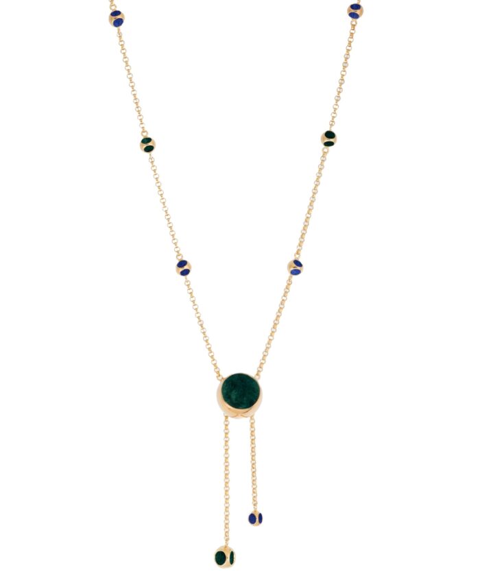 Elegant gold long necklace with green and blue beads, perfect for sophisticated styles.