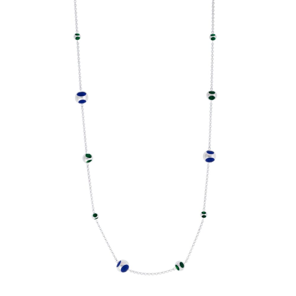 Delicate silver chain with colorful drop beads in blue and green, stylish and elegant accessory.