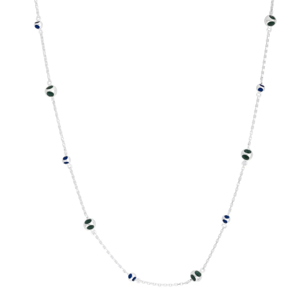 Delicate silver chain with green and blue beads for elegant jewelry styling.