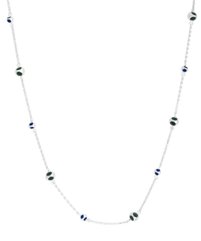 Delicate silver chain with green and blue beads for elegant jewelry styling.