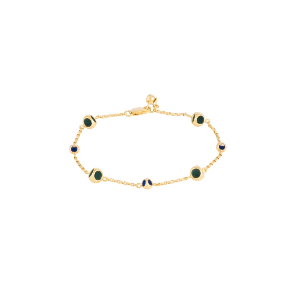 Elegant gold bracelet with blue and green gemstone accents, perfect for stylish, luxurious jewelry lovers.