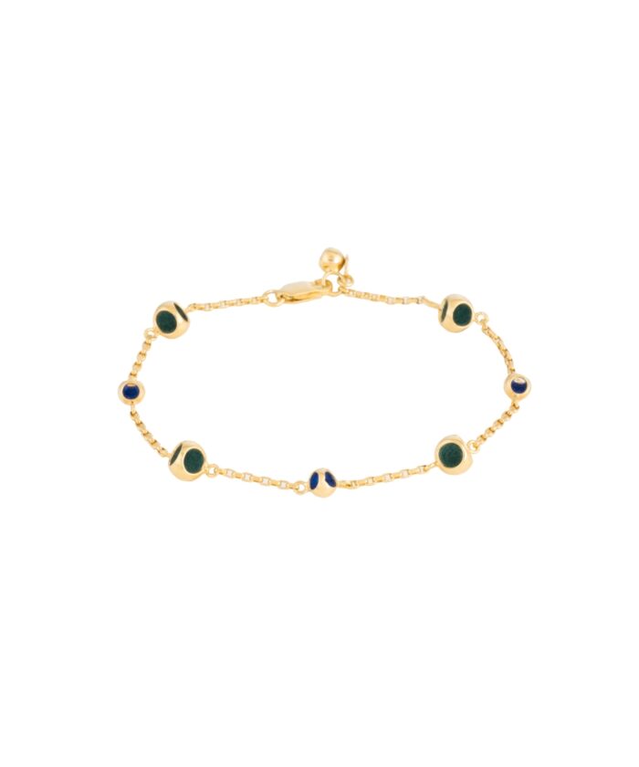 Elegant gold bracelet with blue and green gemstone accents, perfect for stylish, luxurious jewelry lovers.