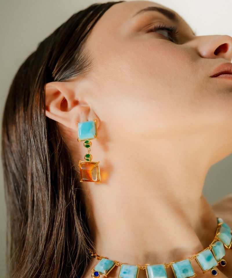 Duet Larimar & Amber Dangle Earrings in 925 sterling silver with 18k gold plating and Blazing Burgundy accents, on model