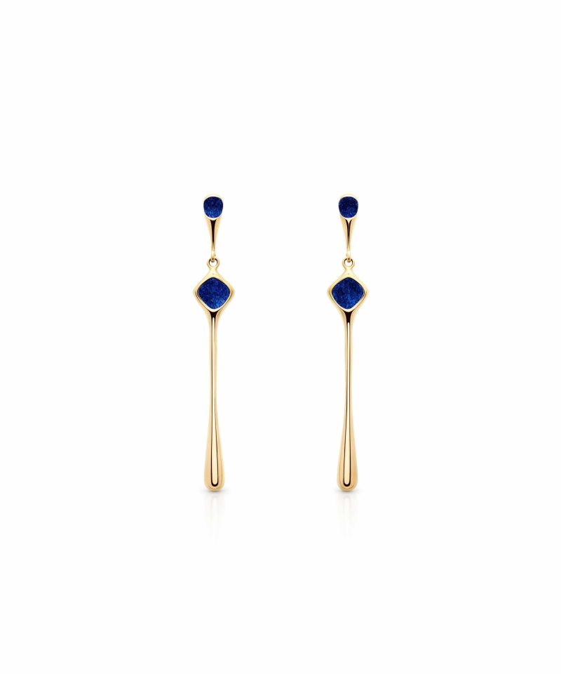 Golden Hour Drop Dangle Earrings in 925 sterling silver with 18k gold plating and blue microfiber